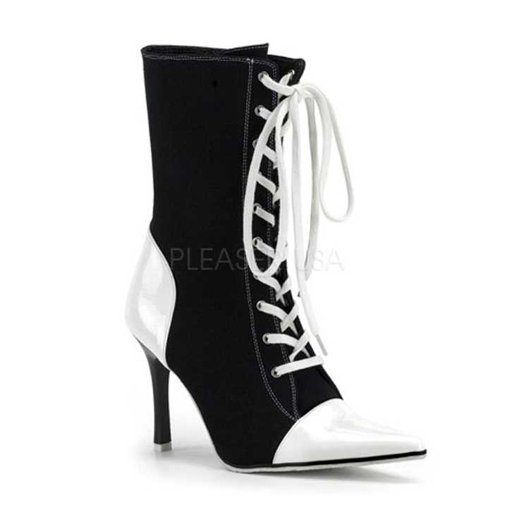 Black Canvas White Patent Pointy Toe Sporty Boots