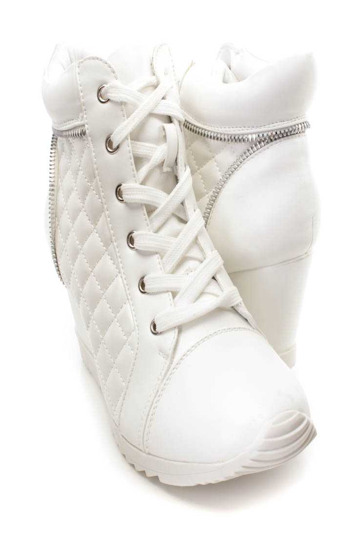 White Quilted Lace Up Sneaker Wedges Faux Leather