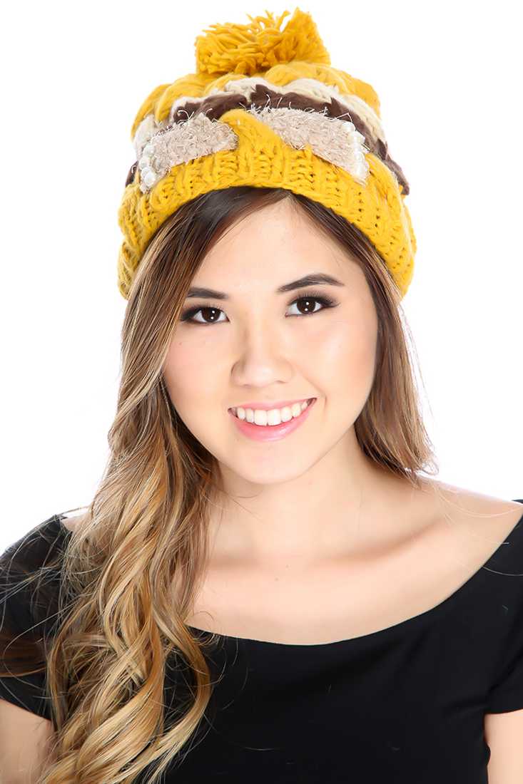 Mustard Knitted Colorblock Beaded Pom-Pom Beanie