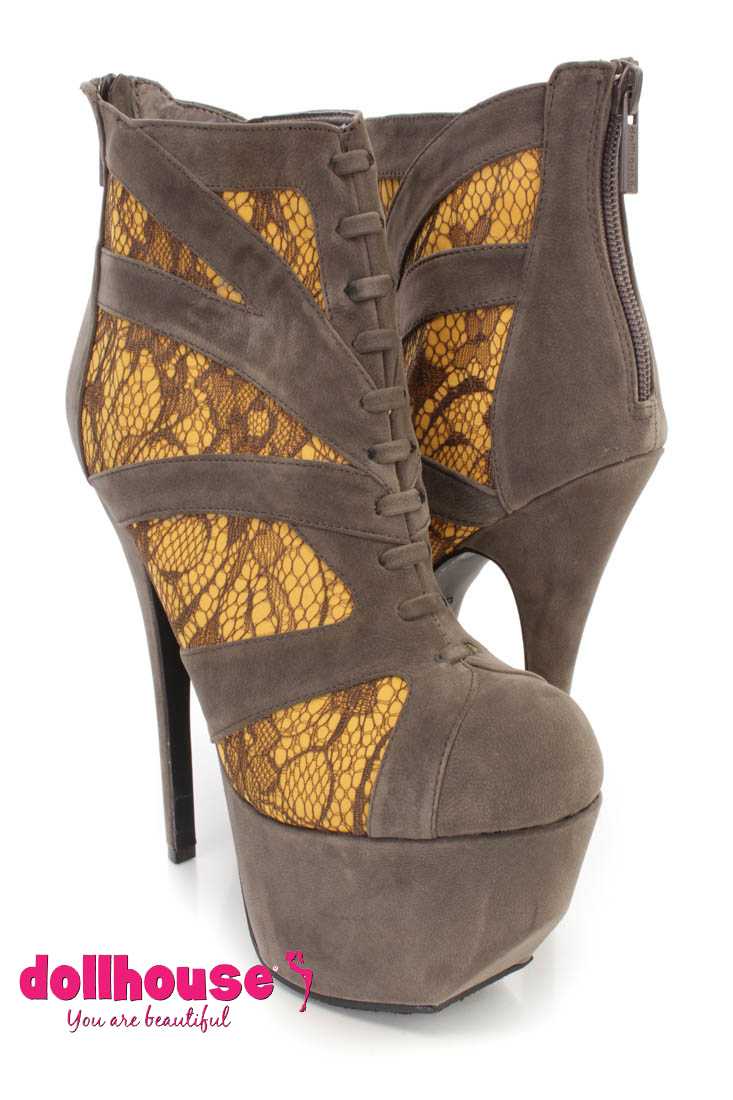 Taupe Neon Yellow Floral Lace Woven Ankle Booties Faux Suede