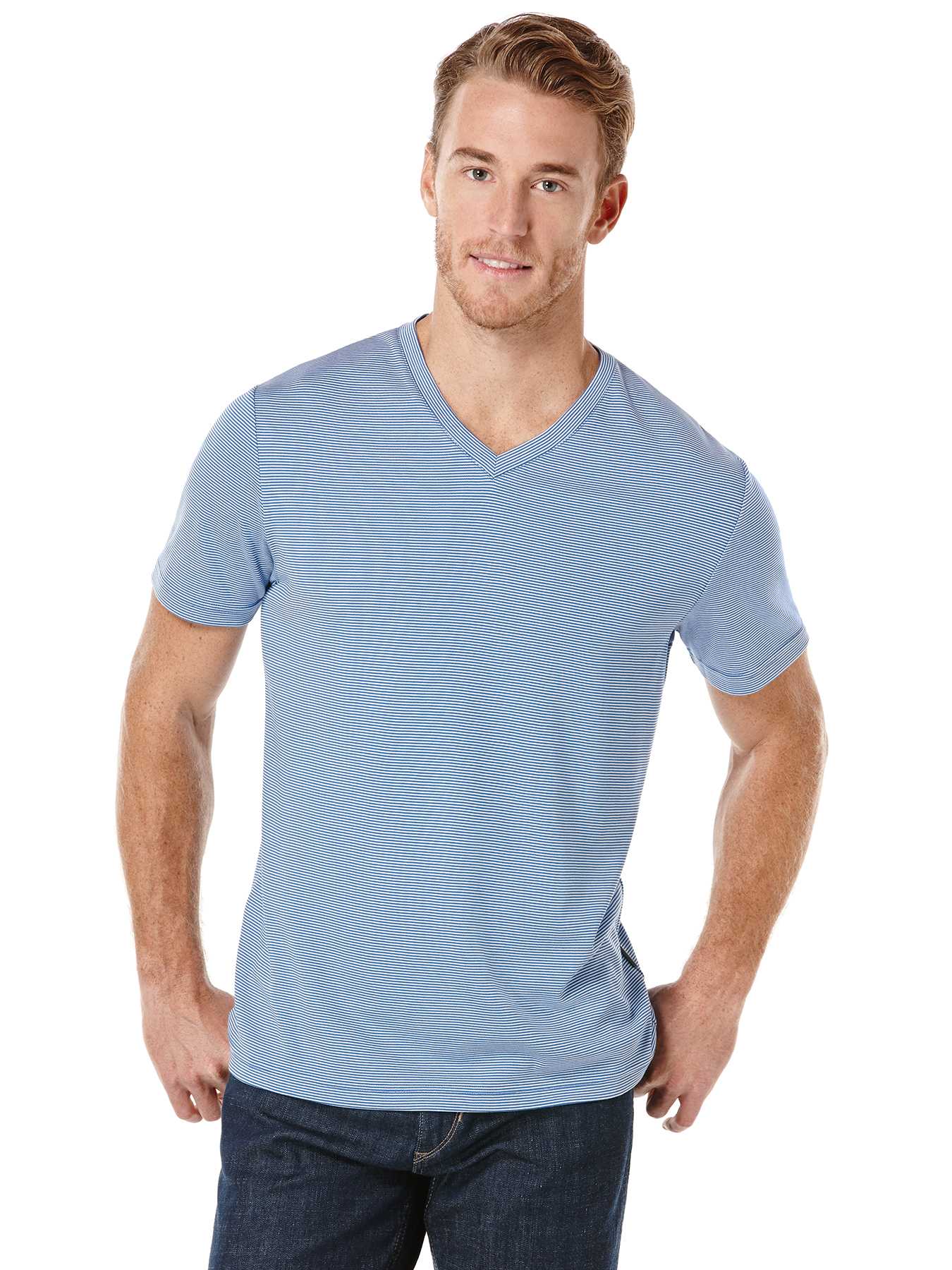 Perry Ellis Short Sleeve Stripe V-Neck Shirt