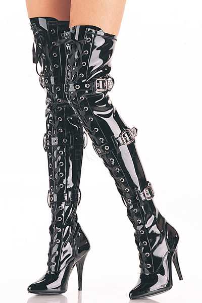 Black Patent Over The Knee Ribbon Lace Buckle Heels