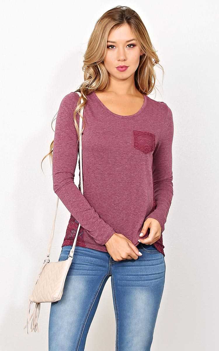 Burgundy Lace Inset Knit Top - - Burgundy in Size by Styles For Less