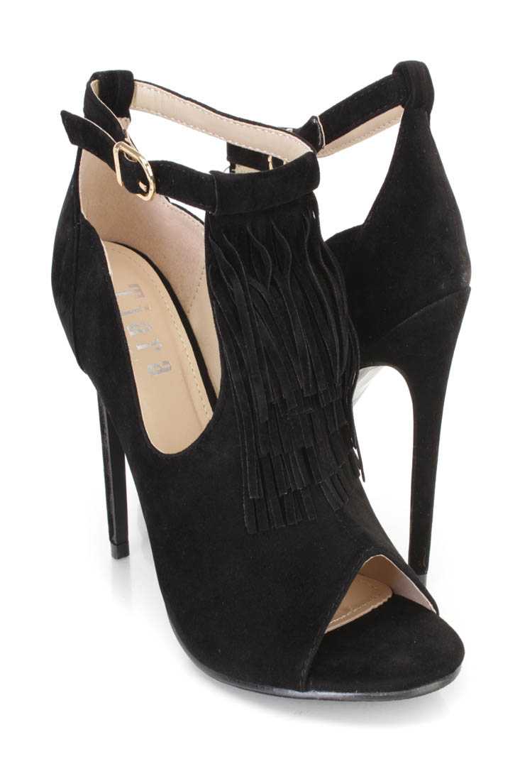 Black Peep Toe Fringe Single Sole Booties Faux Suede