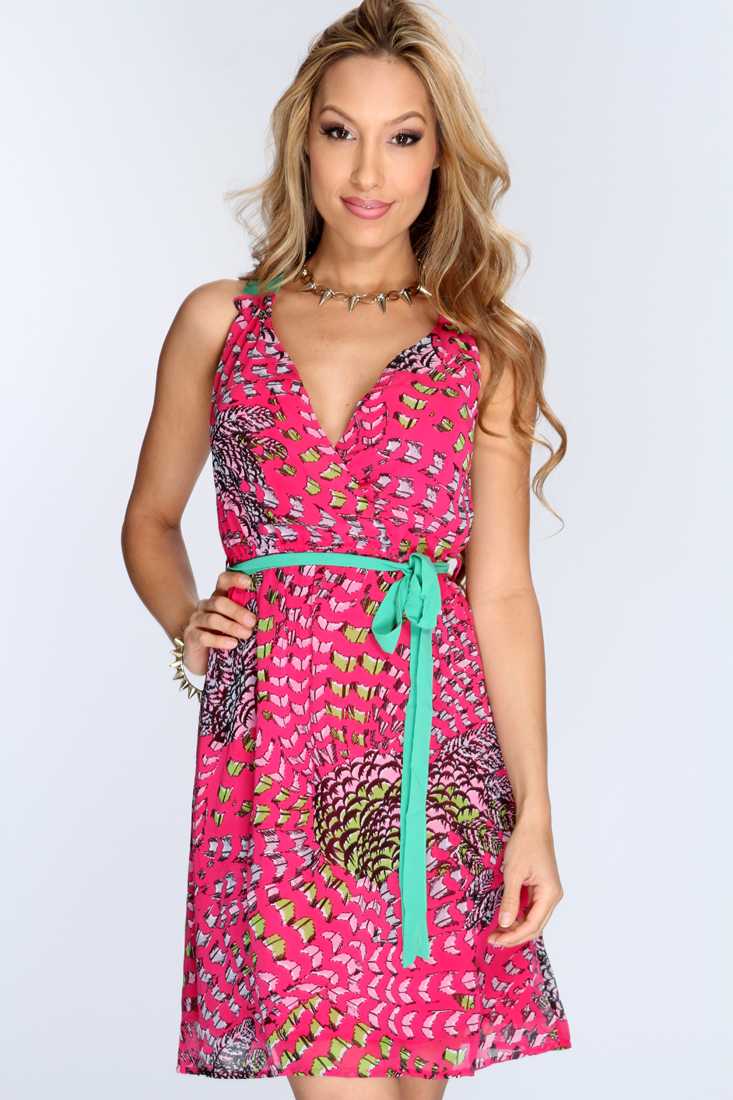 Fuchsia Green Sleeveless Printed Casual Dress
