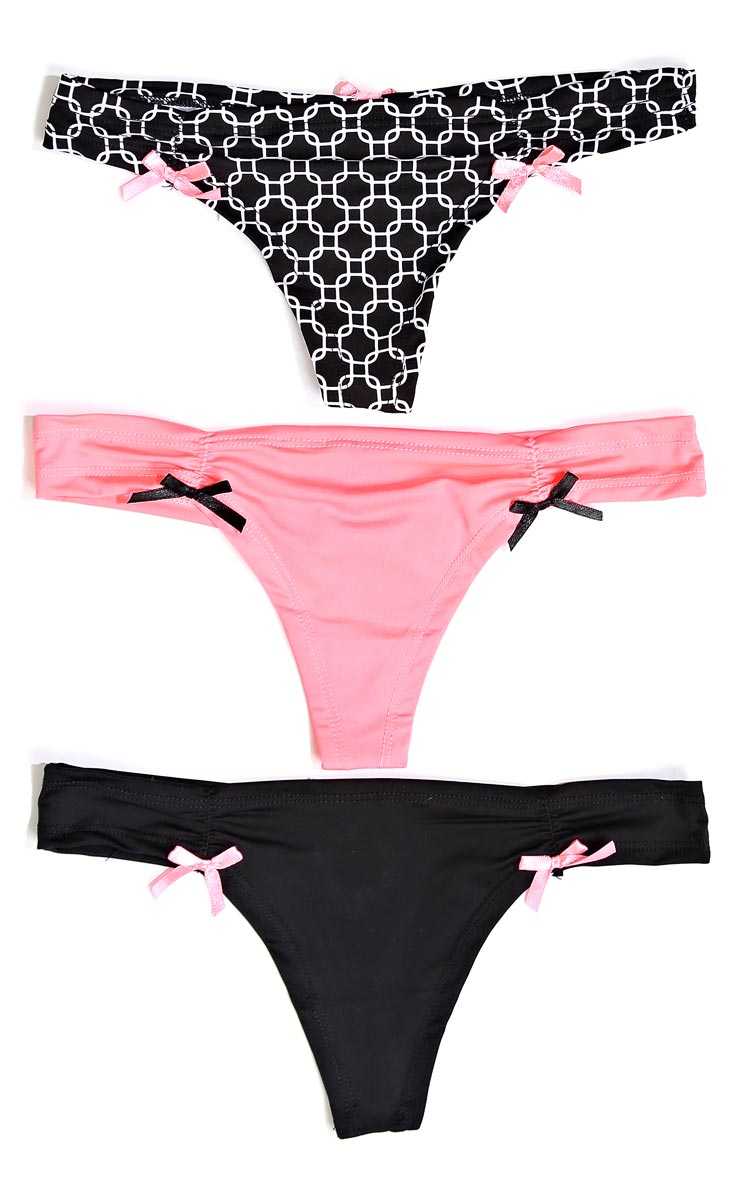 Three Piece Bow Accent Thong Set - MED - Black Combo in Size Medium by Styles For Less