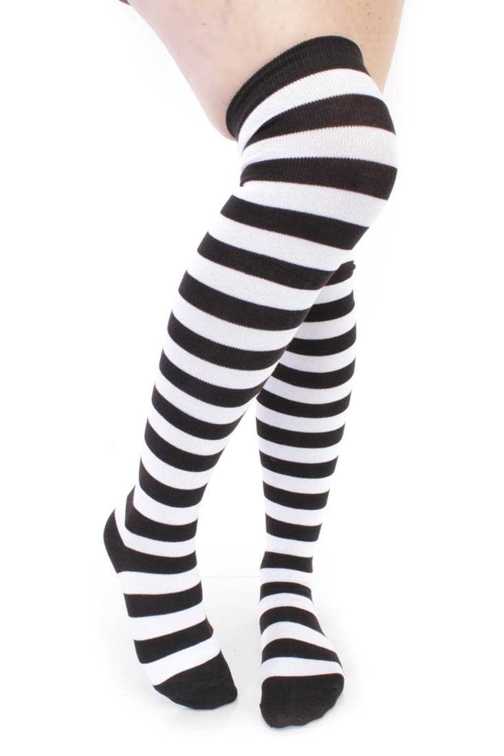 Black White Stripe Thigh High Socks