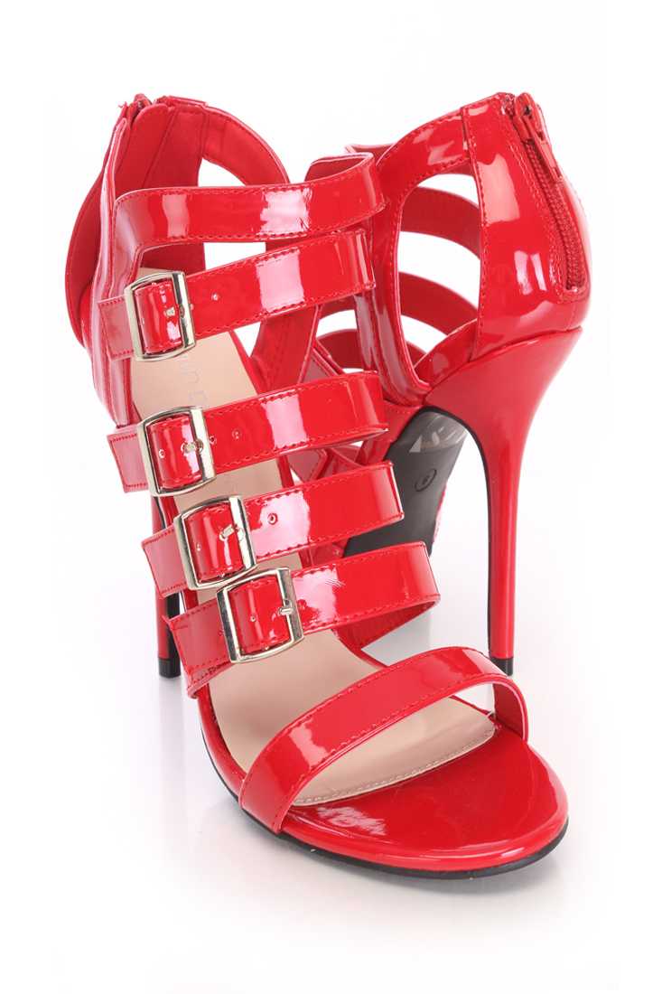 Red Strappy Open Toe Booties Patent Faux Leather