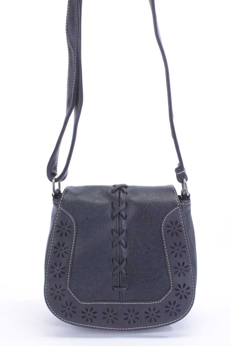 Black Perforated Floral Accent Faux Leather Saddle Handbag