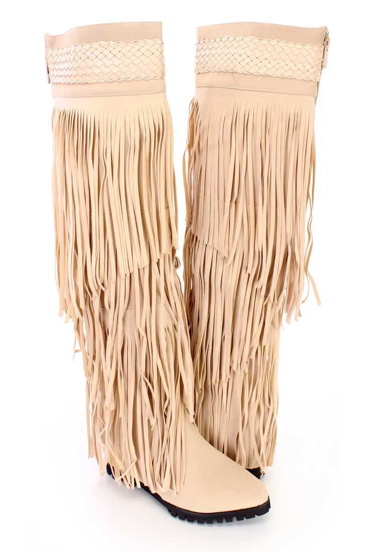 Nude Fringe Tiered Shaft Wedge Boots Nubuck