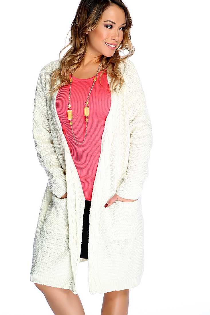 White Knitted Open Front Long Cardigan
