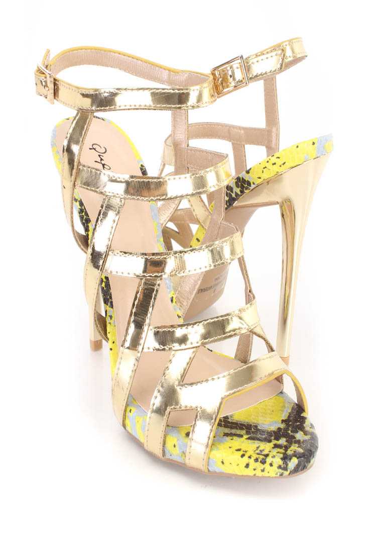 Gold Strappy Single Sole High Heels Metallic Faux Leather