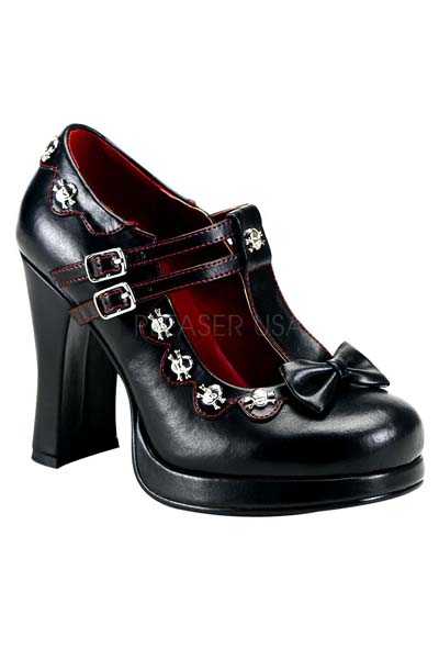 Black Faux Leather T Strap Chunky High Heels
