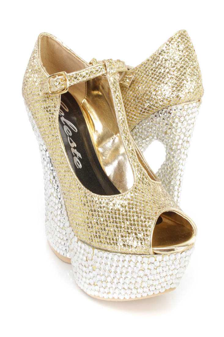Gold Rhinestone T Strap Platform Heels Glitter