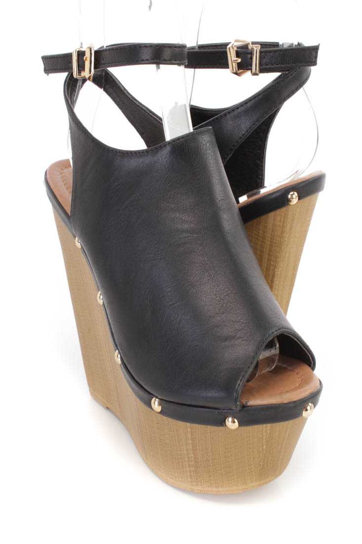 Black Studded Slingback Platform Clog Wedges Faux Leather