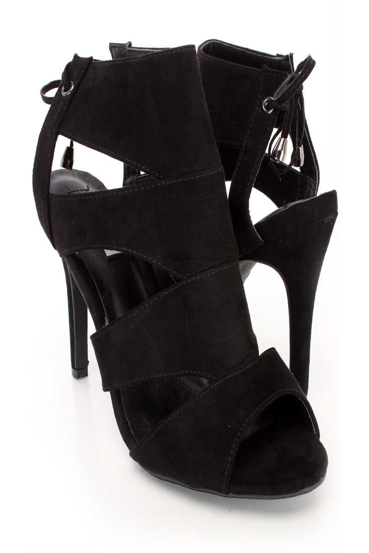 Black Cut Out Strappy Single Sole Booties Faux Suede