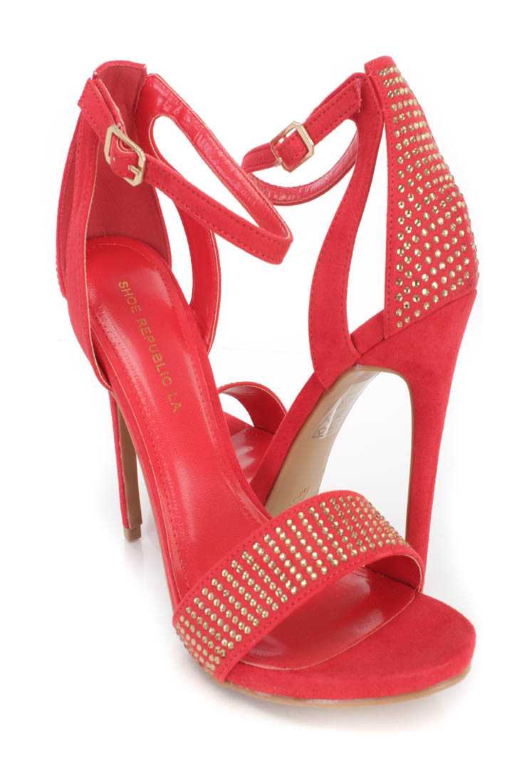 Red Rhinestone Single Sole High Heels Faux Suede