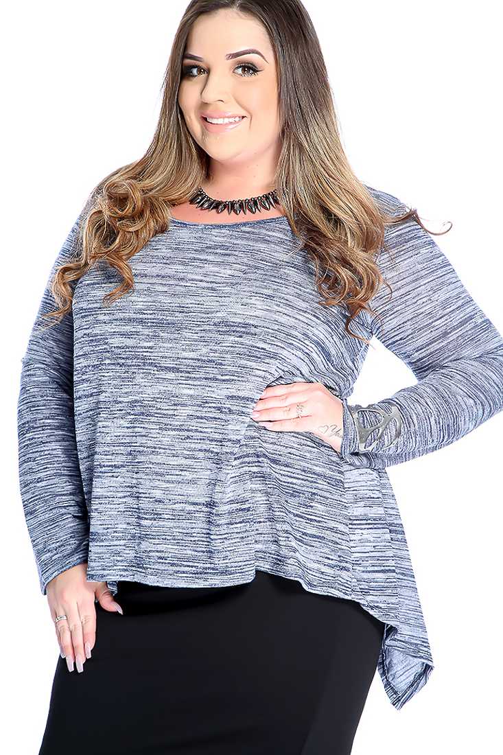 Stylish Navy Plus Size Burnout Print Long Sleeve Casual Top