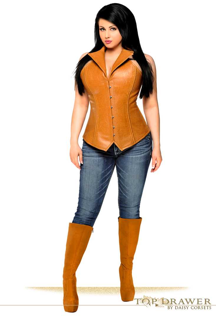 Camel Plus Size Steel Boned Faux Leather Collared Corset Top