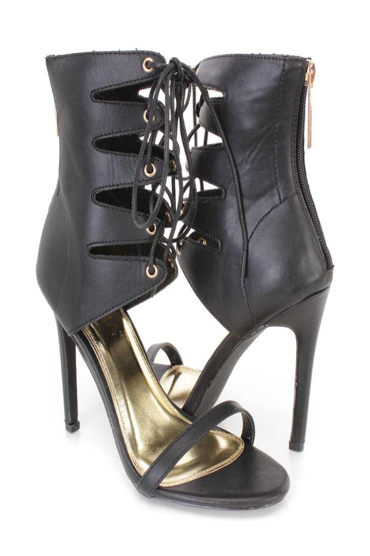 Black Lace Up Open Toe Single Sole High Heels Faux Leather