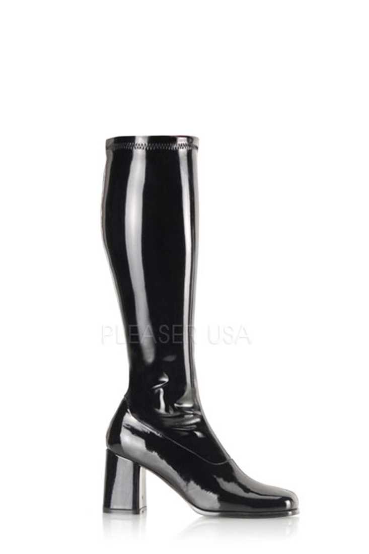 Black Chunky Heel GoGo Boots Patent Faux Leather