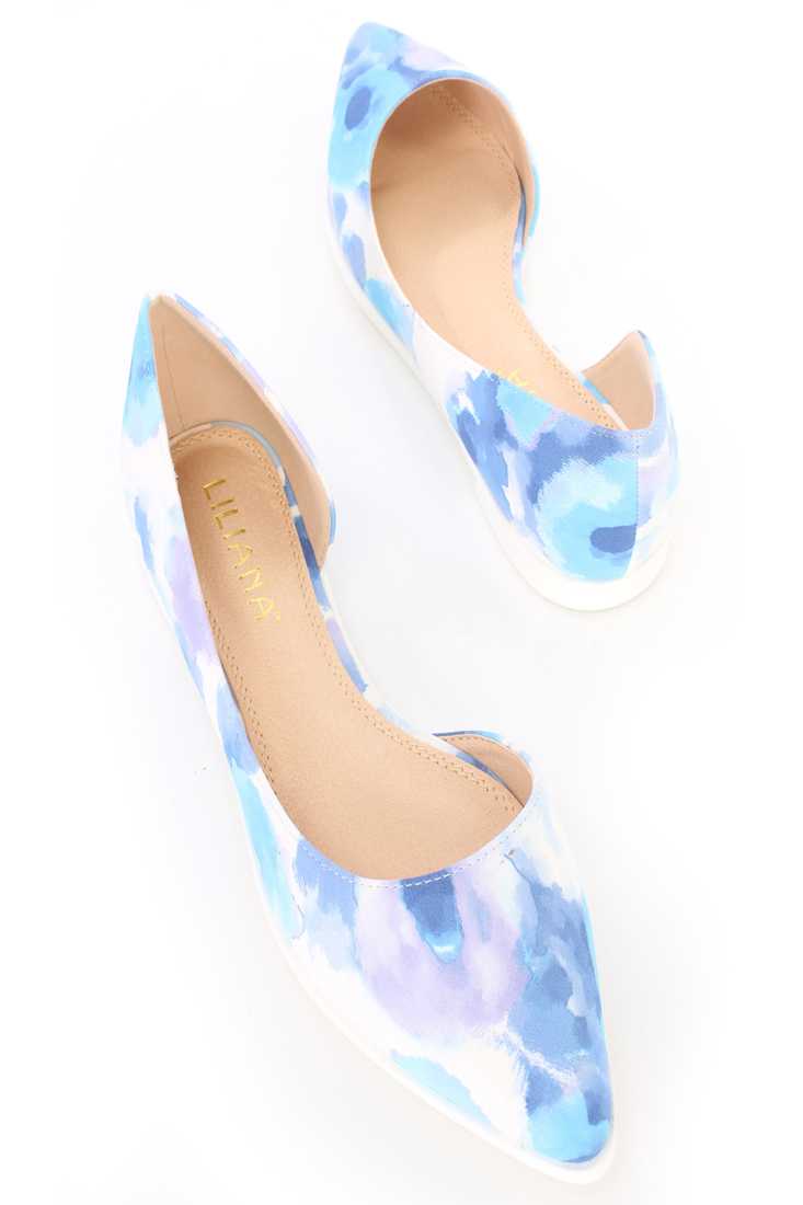 Blue Floral Pointy Toe Dorsay Summer Sandal Flats Faux Leather