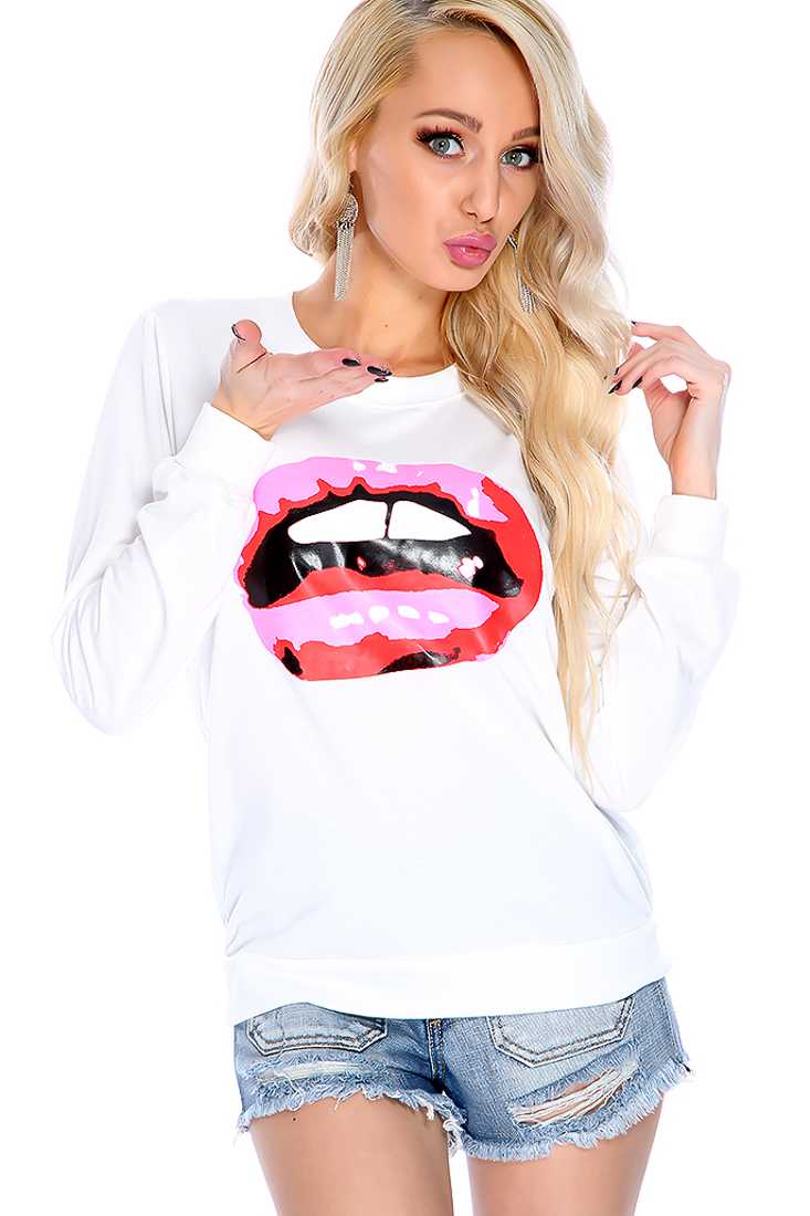 White Graphic Print Pull Over Sweater