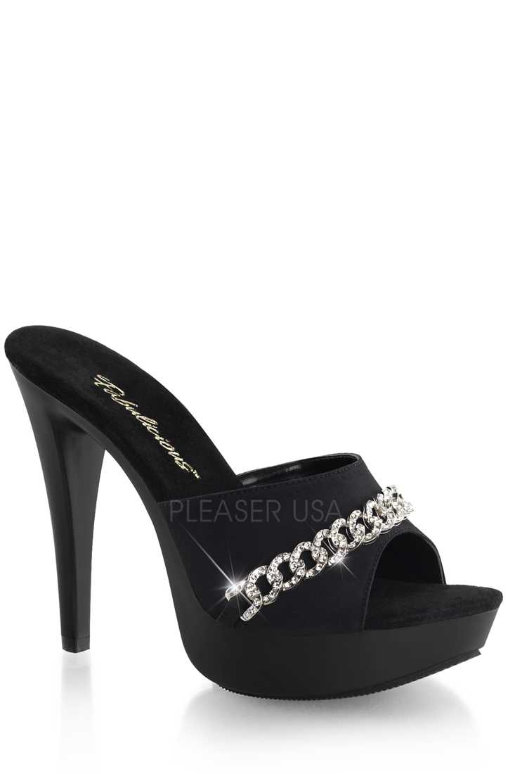 Black Rhinestone Chain Slip On High Heels Faux Leather