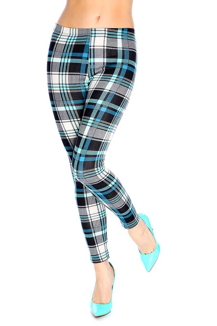 Teal Black Plaid High Waist Leggings