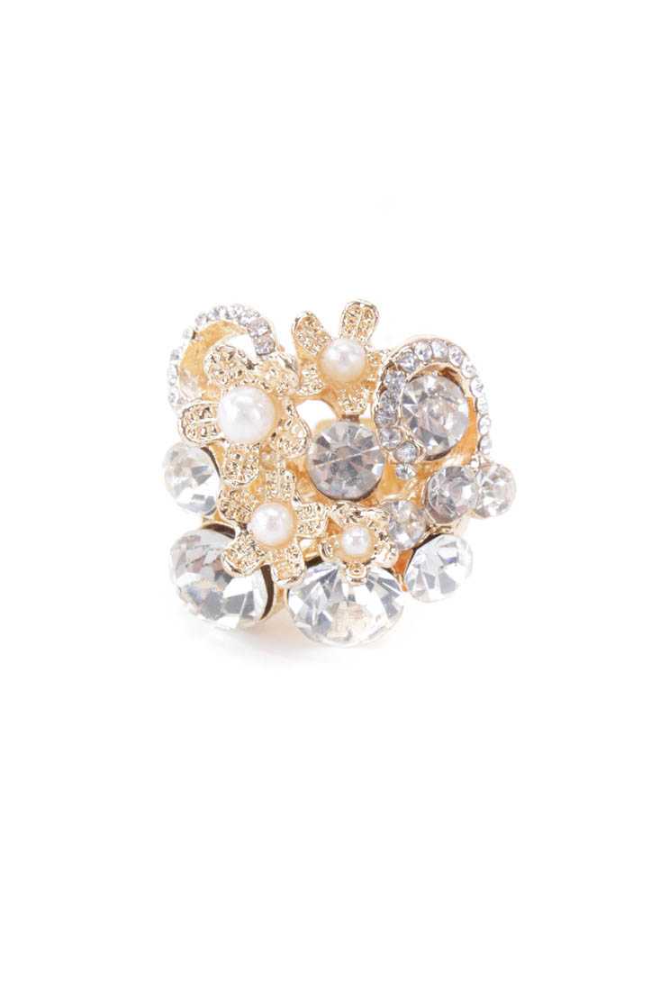 Gold Rhinestone Pearl Flower Detail Ring
