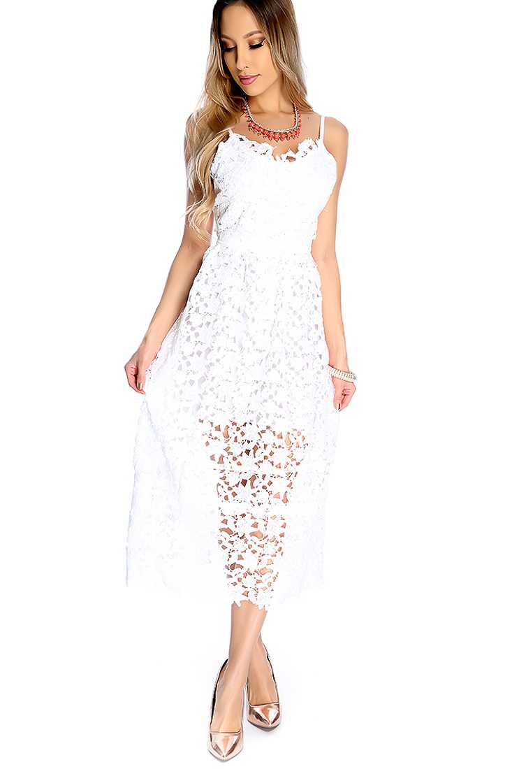 Sexy White Sleeveless Floral Embroidered Overlay Midi Party Dress