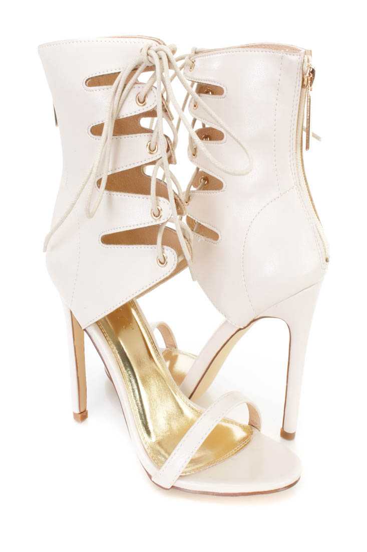 Cream Lace Up Open Toe Single Sole High Heels Faux Leather
