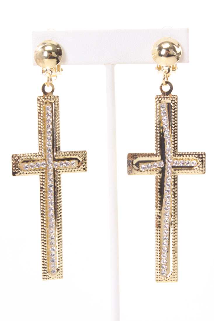 Gold High Polish Metal Dangle Cross Clip On Earrings