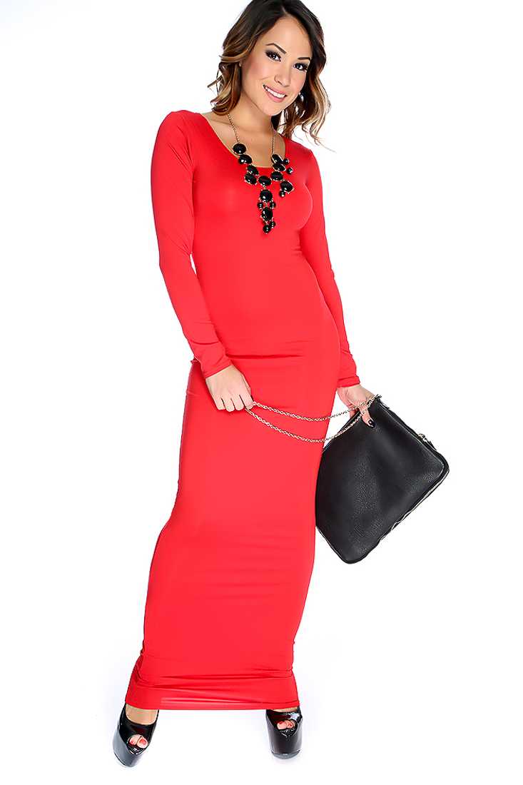 Red Long Sleeves Bodycon Maxi Dress