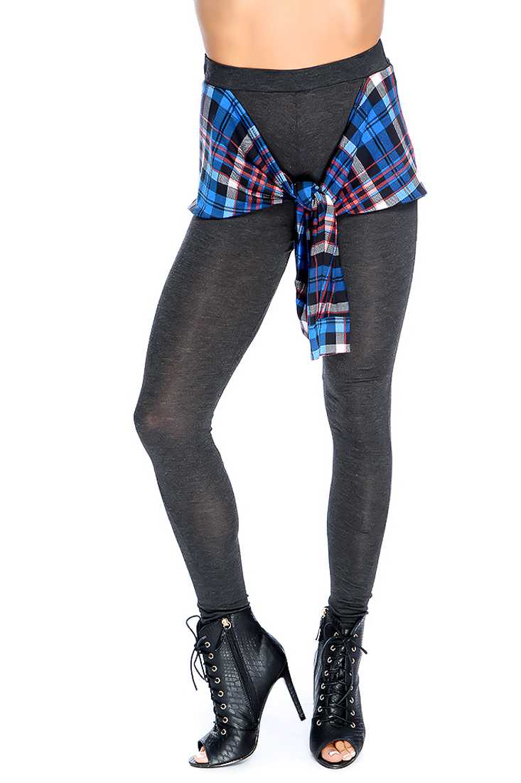 Charcoal Plaid Attached Tied Sleeves High Waist Leggings