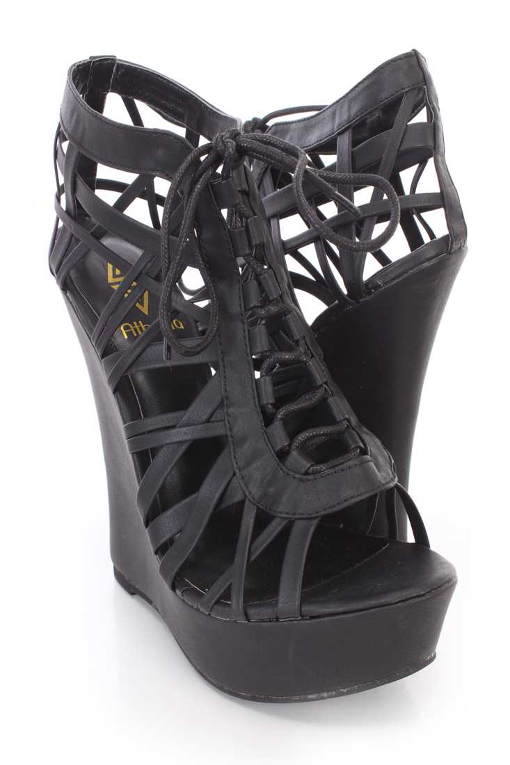 Black Caged Lace Up Front Open Toe Wedges Faux Leather