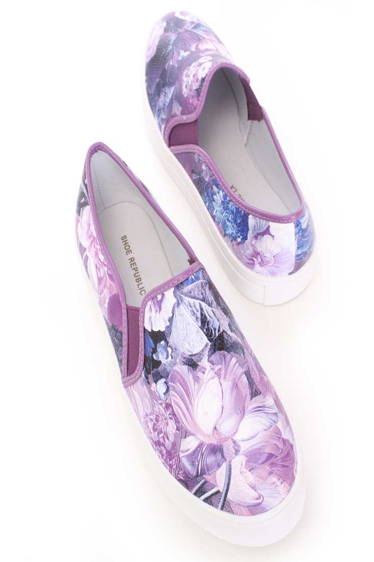 Purple Floral Print Slip On Sneakers Faux Leather