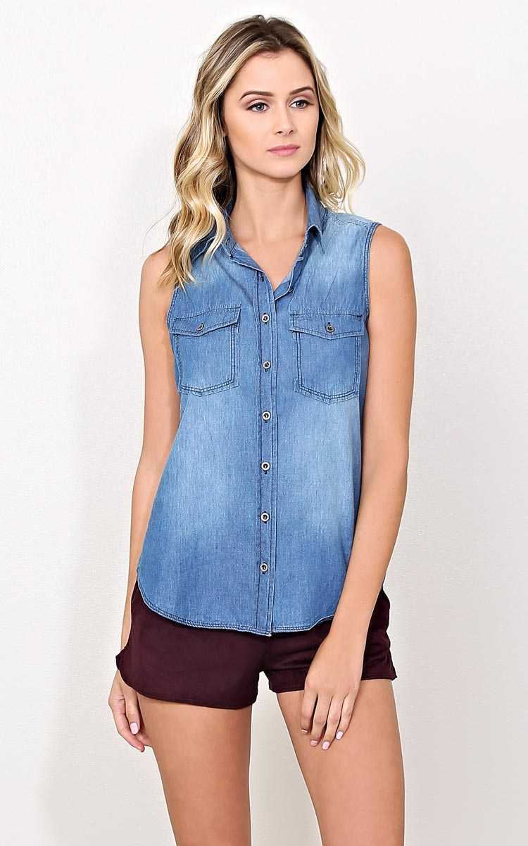 Boardwalk Woven Chambray Tank - LGE - Med Wash in Size Large by Styles For Less