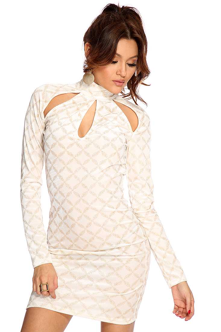 White Velvet Geo Glitter Pattern Cut Out Sexy Dress