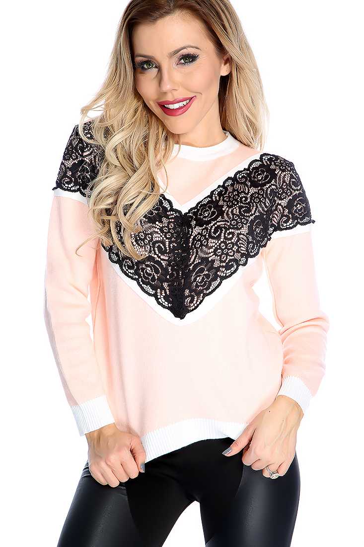 Peach Floral Lace Long Sleeve Sweater Top