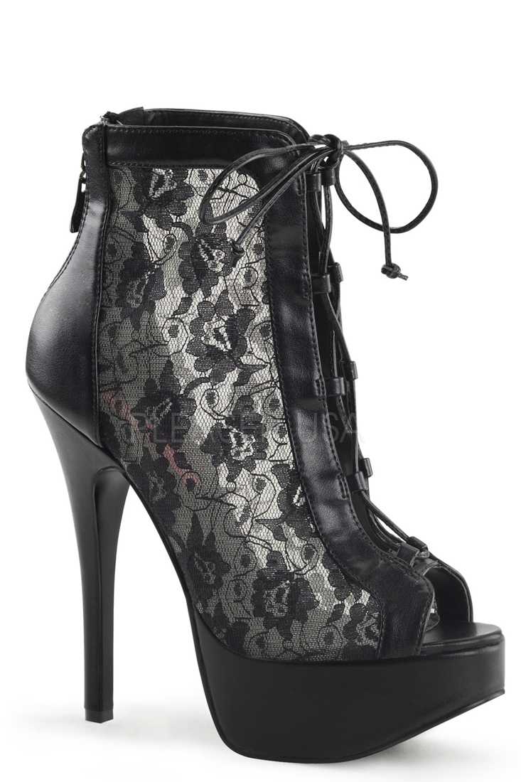 Black Lace Sides Platform Ankle Booties Faux Leather