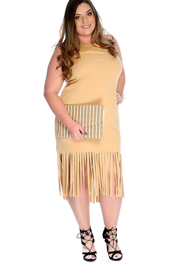 Camel Sleeveless Fringe Trim Plus Size Dress