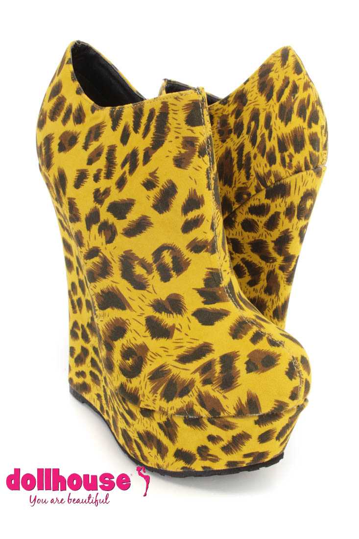 Mustard Leopard Print Wedge Ankle Booties Faux Suede
