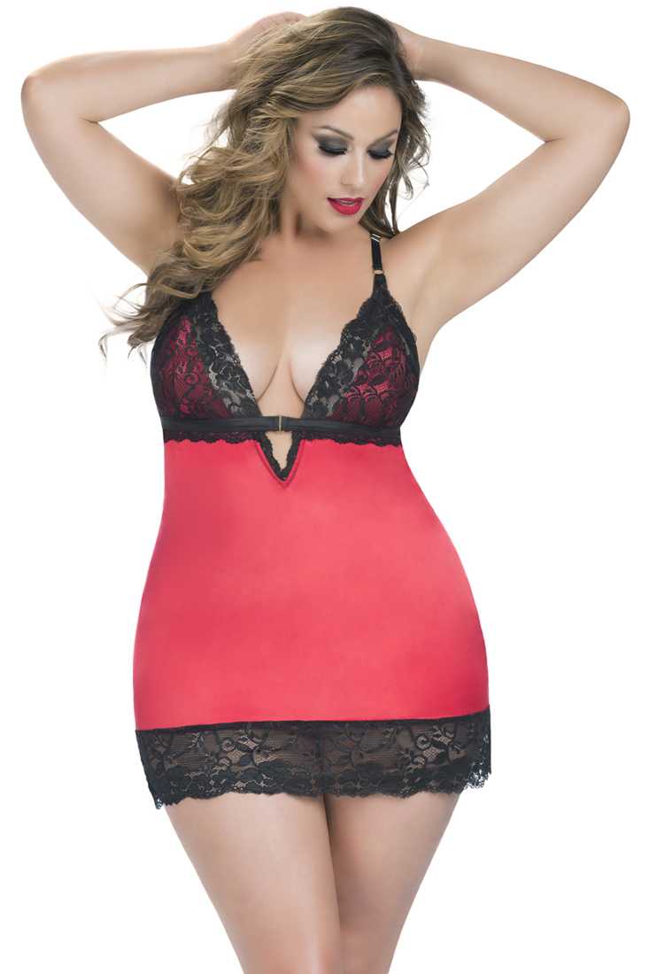 Sexy Red Black Lace Babydoll 2 Piece Set