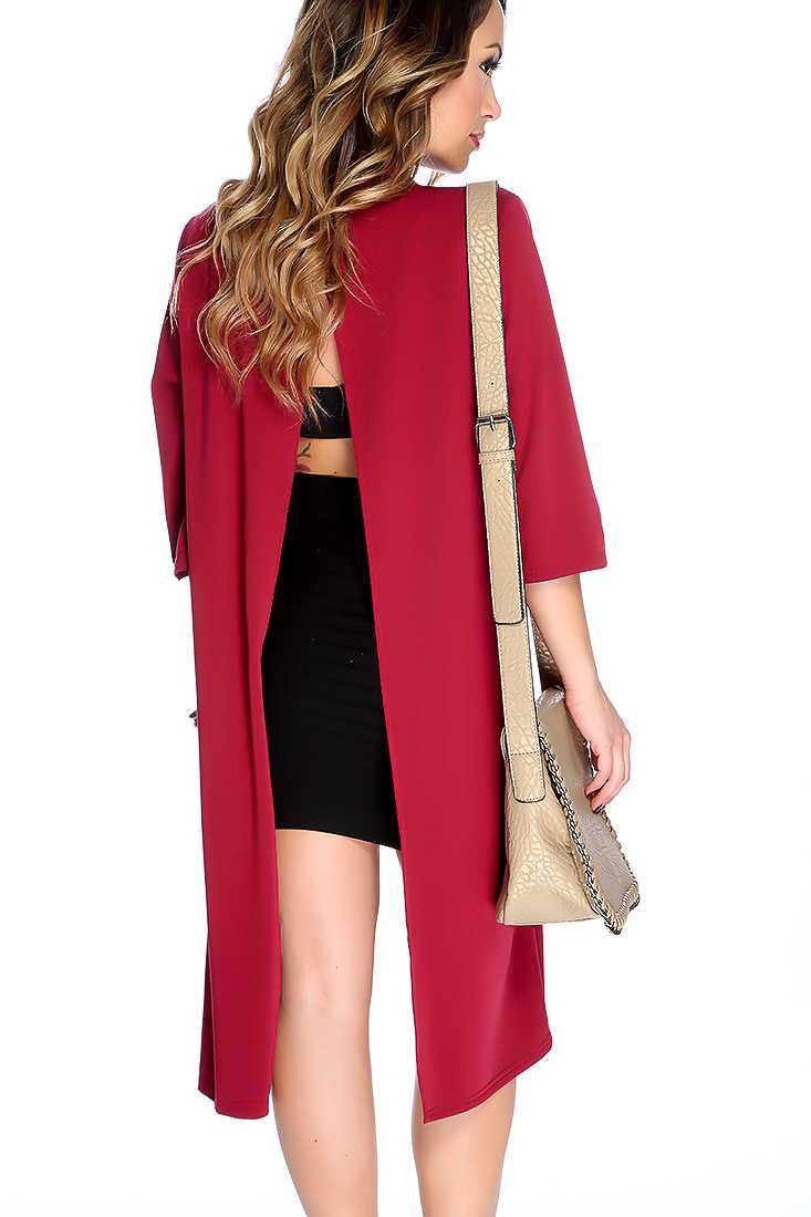 Wine Short Sleeve Open Front Back Slit Cardgian