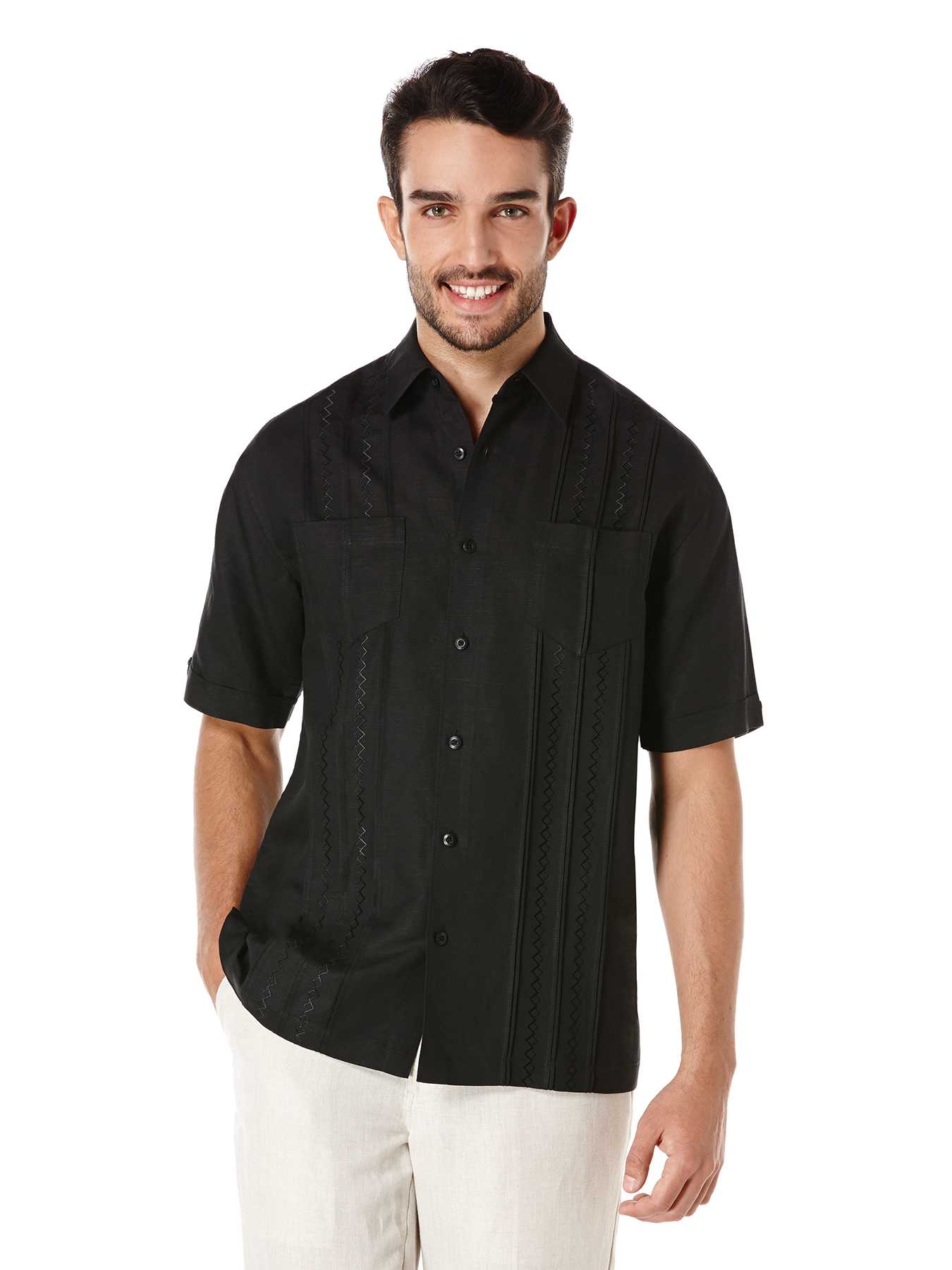 Cubavera Linen Short Sleeve Front Tuck Shirt With Tonal Embroidery