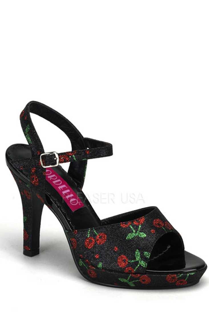 Black Cherry Pattern Peep Toe High Heels Glitter