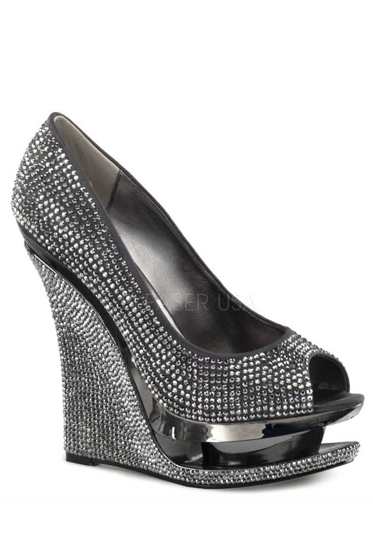 Grey Rhinestone Peep Toe Carved Platform Wedges Satin