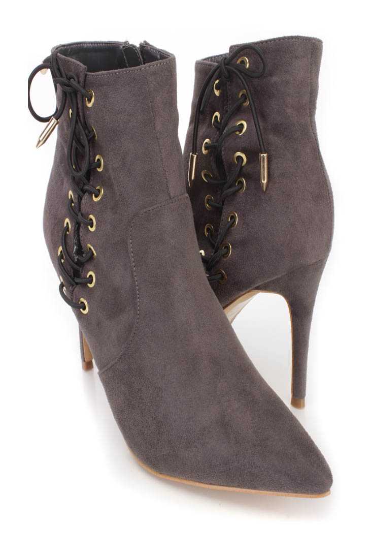 Grey Lace Up Single Sole Ankle Booties Faux Suede