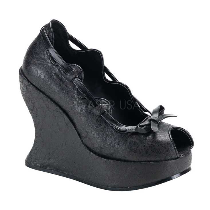 Black Crinkle Faux Leather Peep Toe Wedges